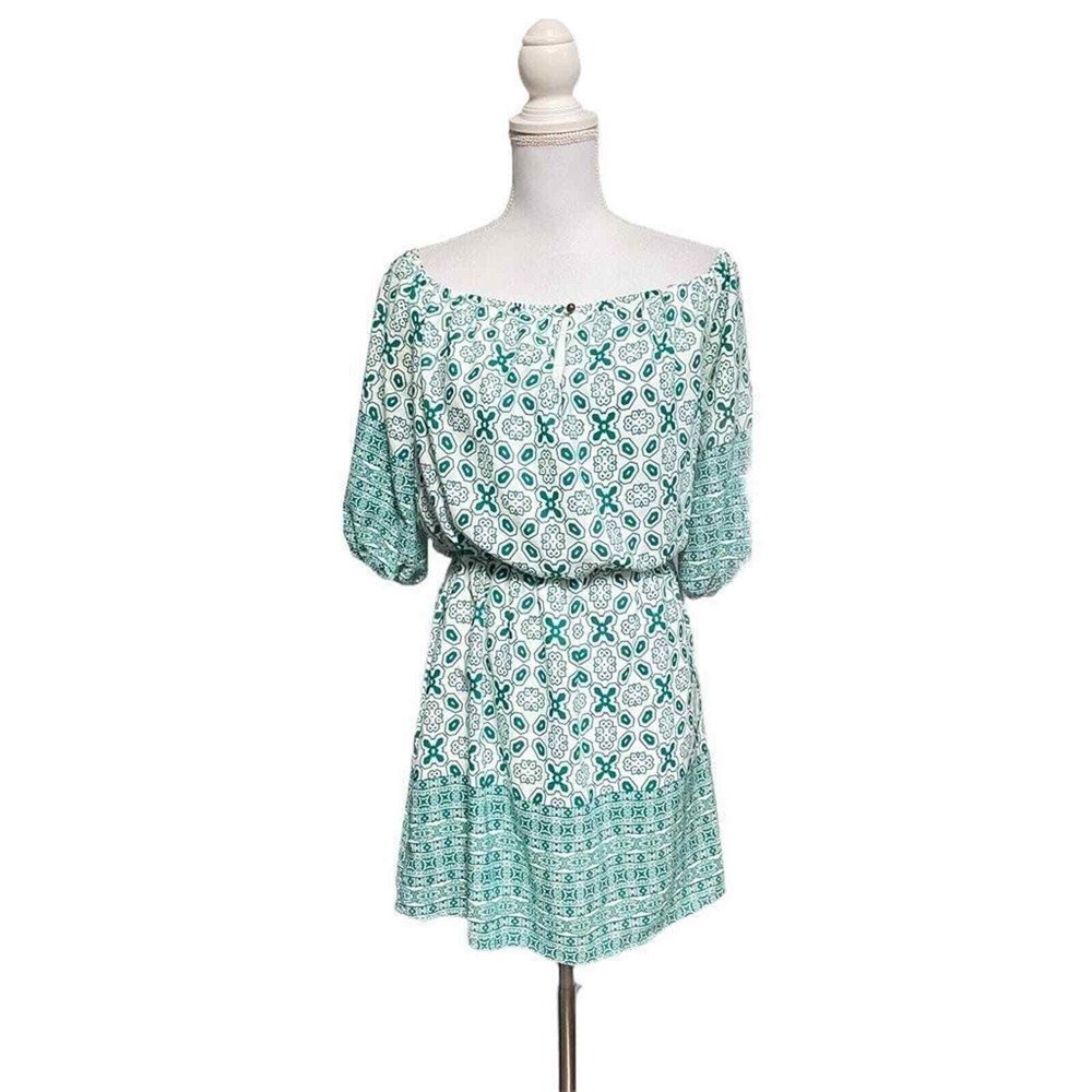 ALYA Women's Small Off Shoulder Green White 3/4 Sleeve Dress